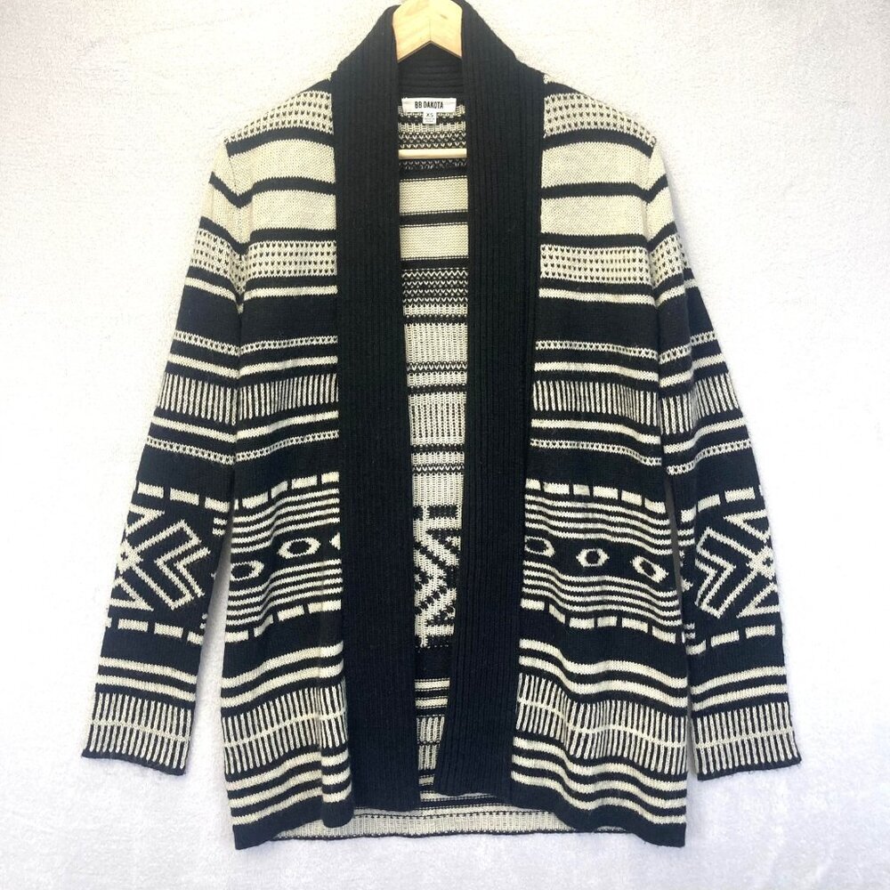 BB Dakota Open Cardigan Sweater Womens XS Beige Black Aztec Boho Knit Fall Cozy